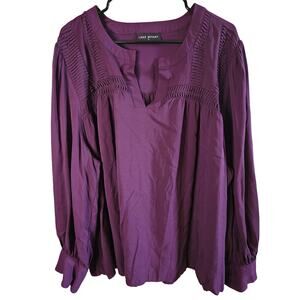 Lane Bryant Pintuck Tunic Top Purple Size 26W Long Bell Sleeves V-Neck Rayon